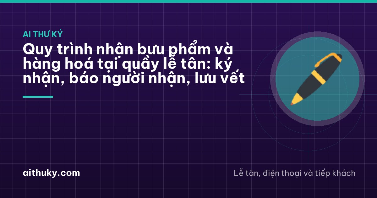 Courier handing a cardboard parcel across a reception counter in Hue to an office assistant, only hands and forearms visible, a stack of plain envelopes on the side